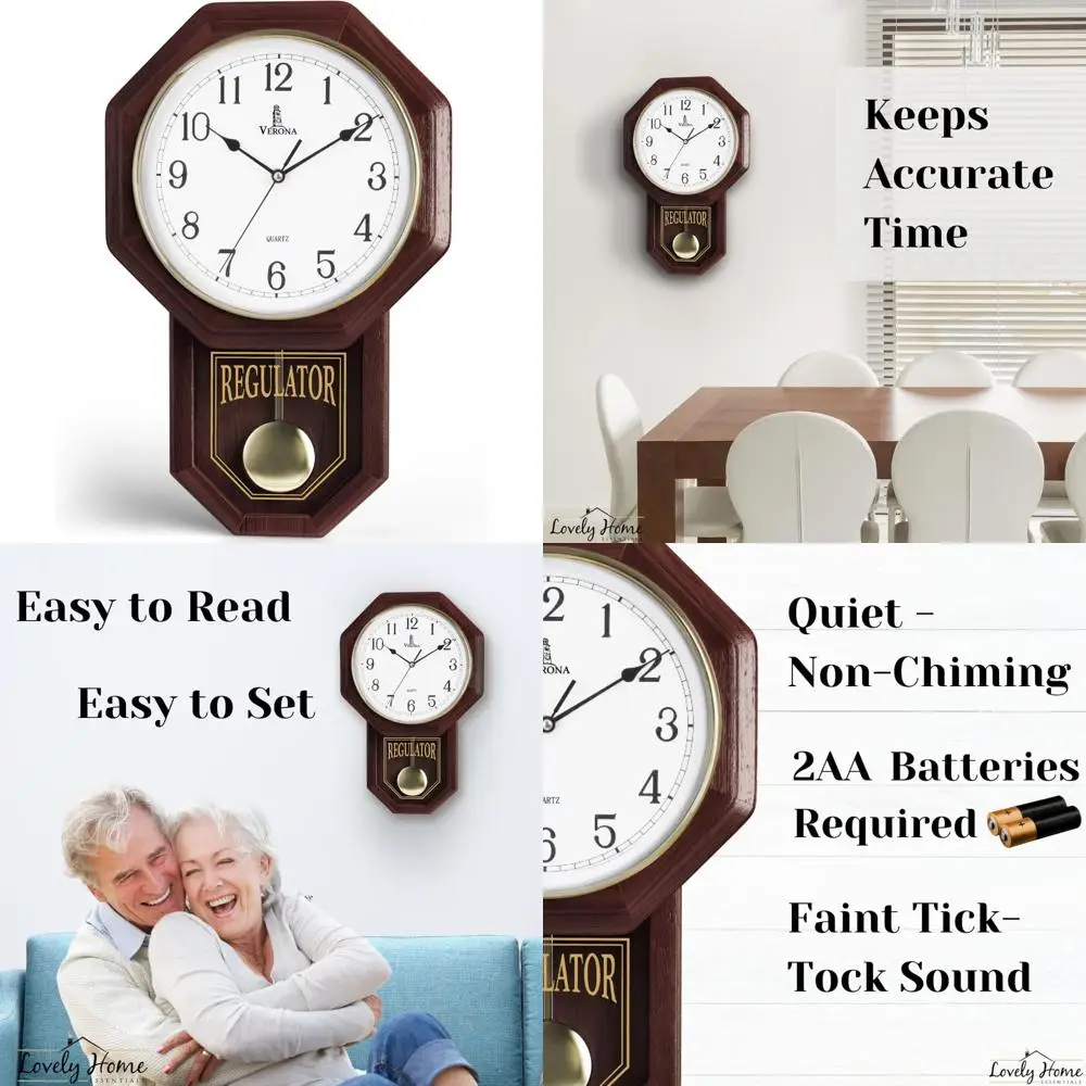 ساعة حائط البندول الخشبية - ساعة صامتة على طراز المدرسة تعمل بالبطارية - ديكور وغير مدخن