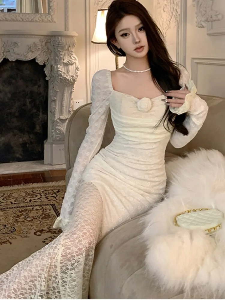 Sexy Lace Square Collar Long Dress Autumn Floral Slim Waist Coquette Bodycon Female Clothes Vestidos Party Prom Evening Robe