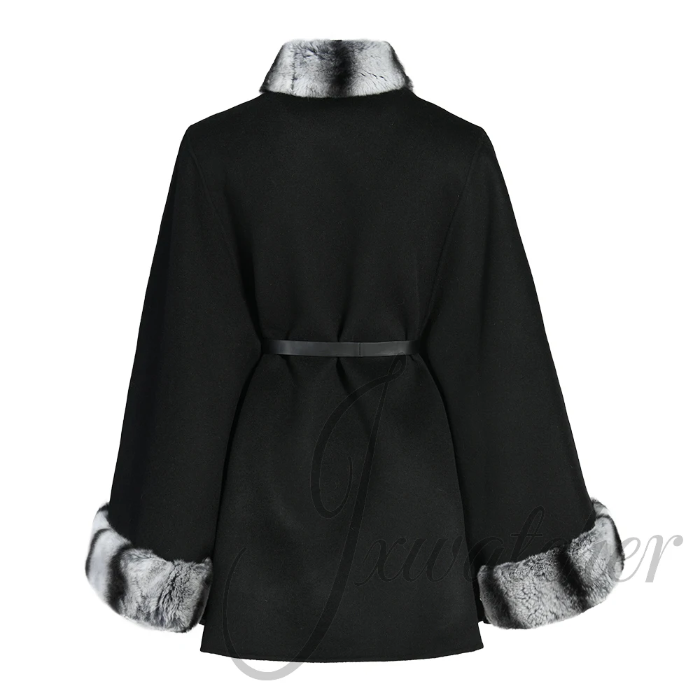 Jxwatcher معطف صوف شتوي نسائي فاخر بياقة فرو أرنب ريكس عباءة صوفية للسيدات موضة خريف 2025 الراقية جديد في ملابس خارجية