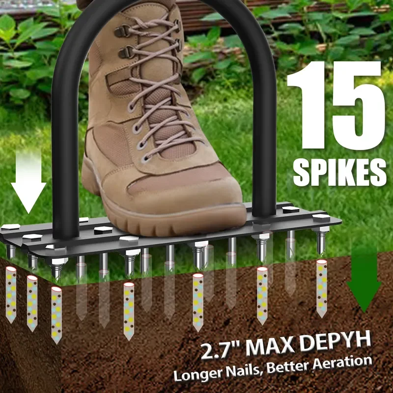 for IFIXPRO DIY Lawn Aerator Spike Tool Manual Pre-Assembled Heavy Duty T-Handle Wide Foot Plate Extra Long Thick Spikes