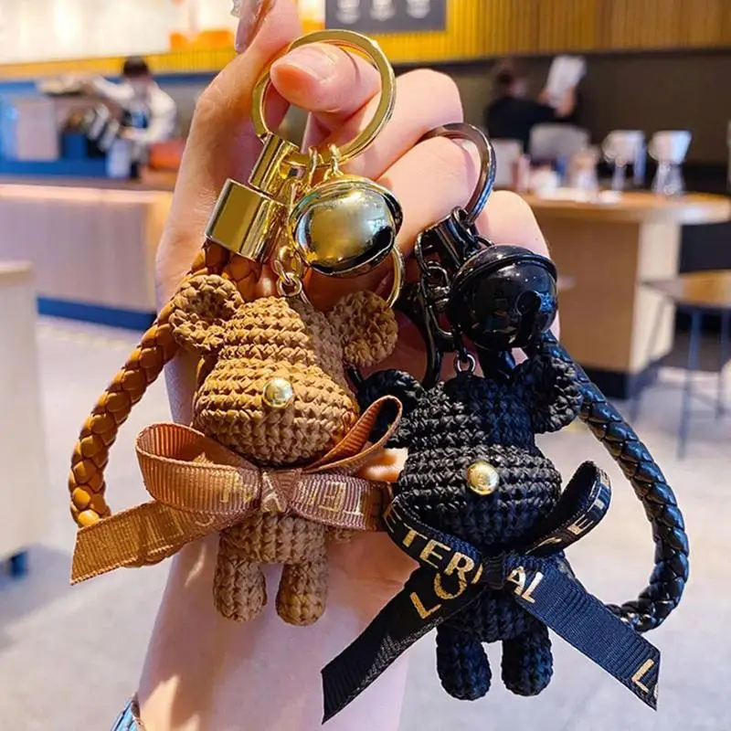 Universal Cartoon Resin Bear Key Chain Bow Bell Chain Weaving Fashion Doll Bag Pendant Holiday Car Key Ring for Women Girls Gift