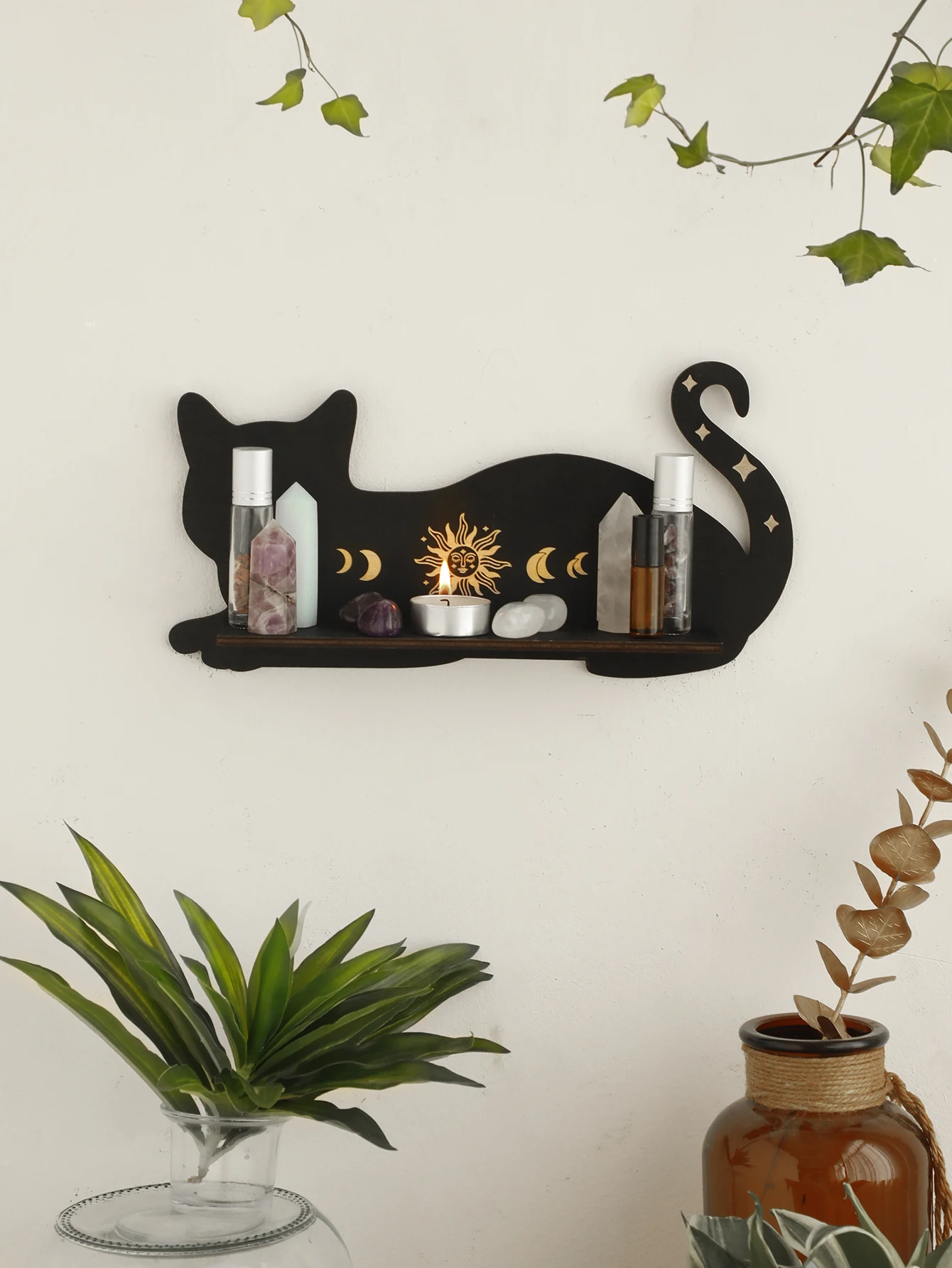 Black Cat Wooden Shelf Moon Phase Chakra Crystal Stone Display Stand Wall Shelf  Witch Home Decor Gothic Room Decor Home Bedroom