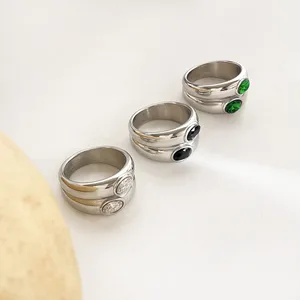 Ghidbk Doppelschicht Zirkon und Frauen, Edelstahlringe, große Größe, Gold/Silber, Weiß, Grün, Schwarz, Robust 8 Hauptverkaufsring Silber mit Green Stone - №7