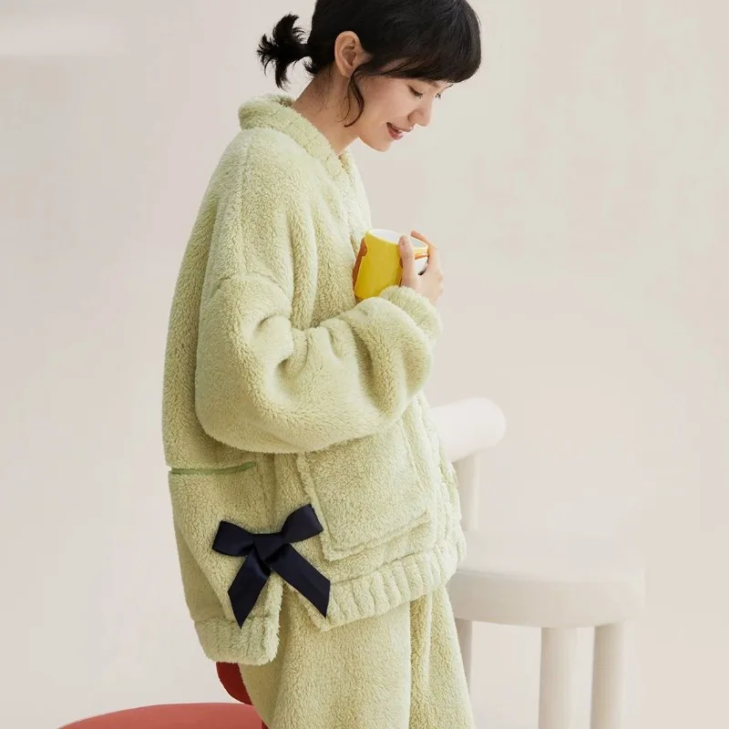 2024 New Coral Velvet Pajamas Women Thickened Flannel Sleepwear Sweet Warm Homewear V-neck Bowknot Warm Loungewear Set