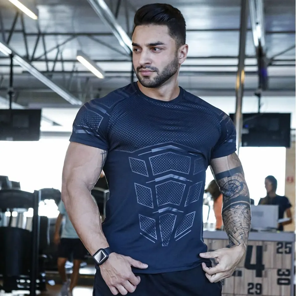 Summer Quick Drying Short Sleeved Men\'s Muscular Fitness T-shirt Running Training Sports T-shirt Men\'s Tight Fitting Clothes