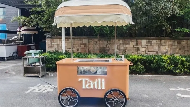 Custom Classic Ice Cream Push Cart with Wooden Storage Shelves  Portable Dessert Cart for Ice Cream Party Wedding Catering