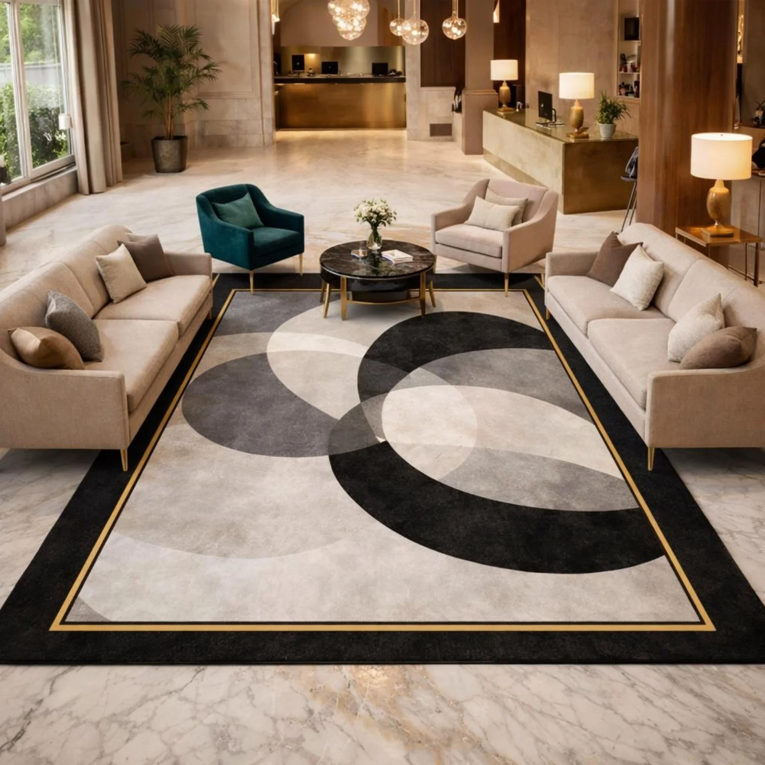 Room Decor Rug  Luxury Modern Geometric Area Rug, Black Beige Gold Abstract Circle Rug, Contemporary Hotel Lobby Carpet, Large Living Room StateM1ent Rug