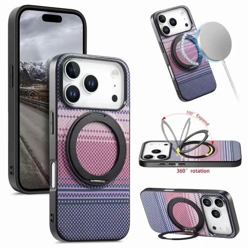 360 °   Drehbarer Magnethalter mit Faserstruktur-Handyhülle für MagSafe iPhone 17 16 15 14 13 12 Pro Max 16E 17E MagSafe Cover