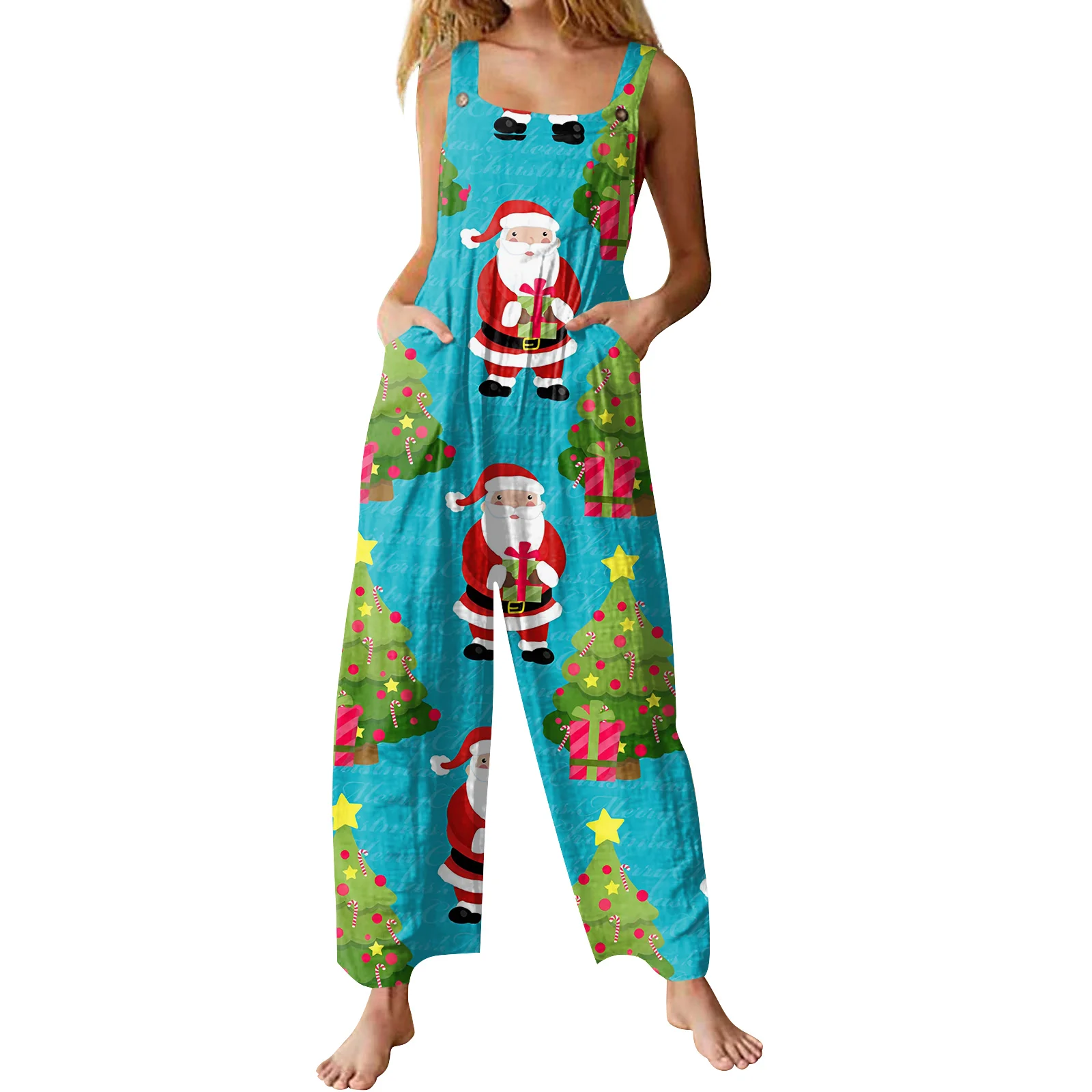 Christmas Theme Print Casual Retro Sleeveless Jumpsuit Loose Strap Jumpsuit Holiday Party Casual Clothes Jumpsuit Daily Dress up