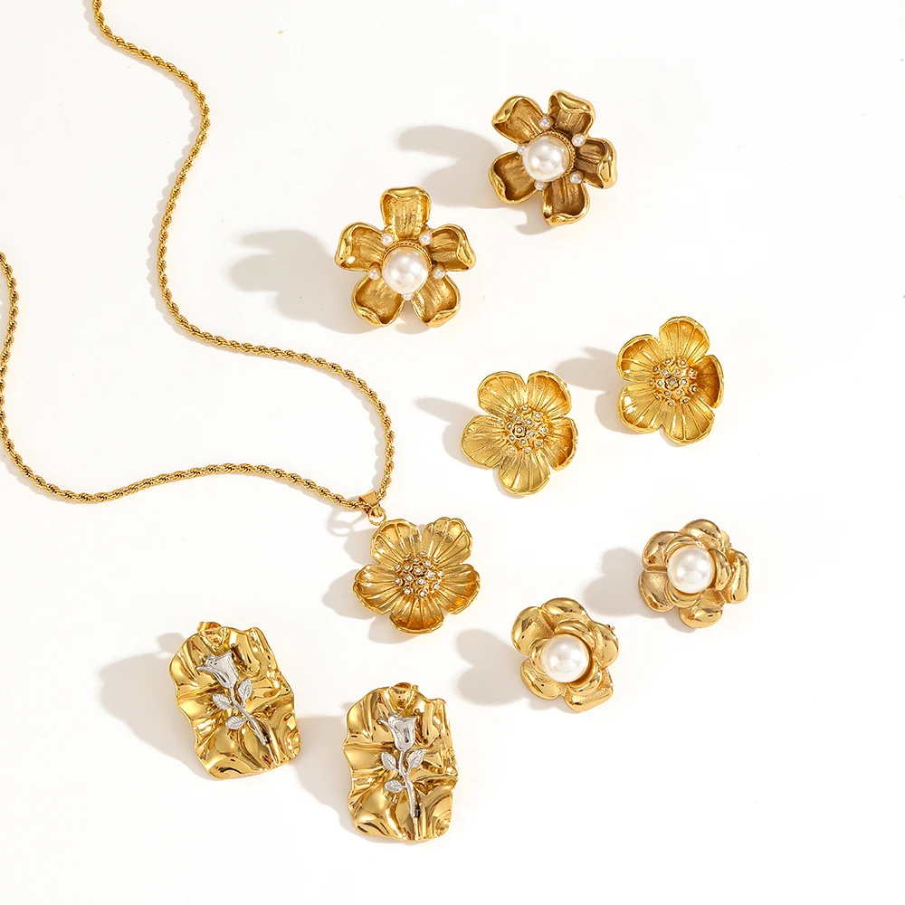 

New Stainless Steel Glossy Flower Earrings Inlaid Zircon Metal High Quality Women's Fashion Jewelry Party Gifts