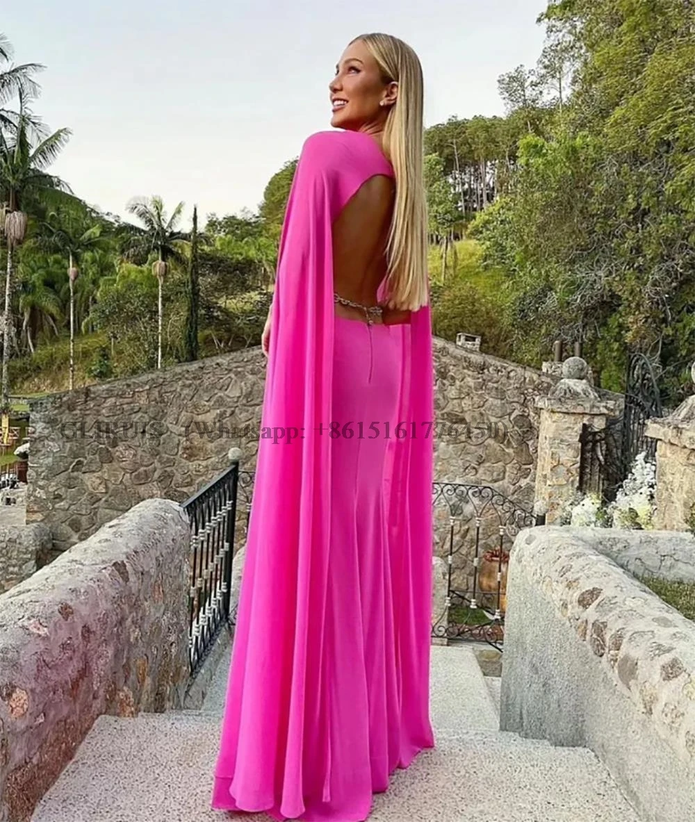 Sexy Pink Chiffon Prom Dresses Pleat Ruched Long Cape Sleeves Evening Dress Backless Formal Dubai Women Party Gowns Customized