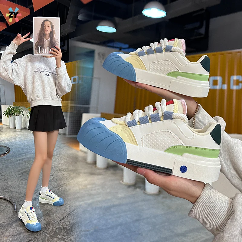 

Women Color Matching Low-top Sports Women's Shoes Lace Up Casual Sports Shoes Mixed Colors Design Thick Bottom Vulcanized Shoes