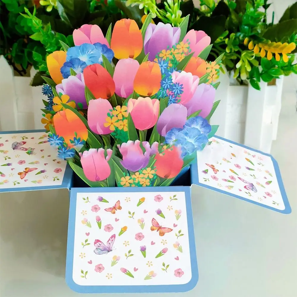 Day Tropical Bloom Greeting Card Anniversary Daisy/Carnation Rose/Lily/Sunflower/Tulip 3D Pops-up Bouquet Paper Flowers