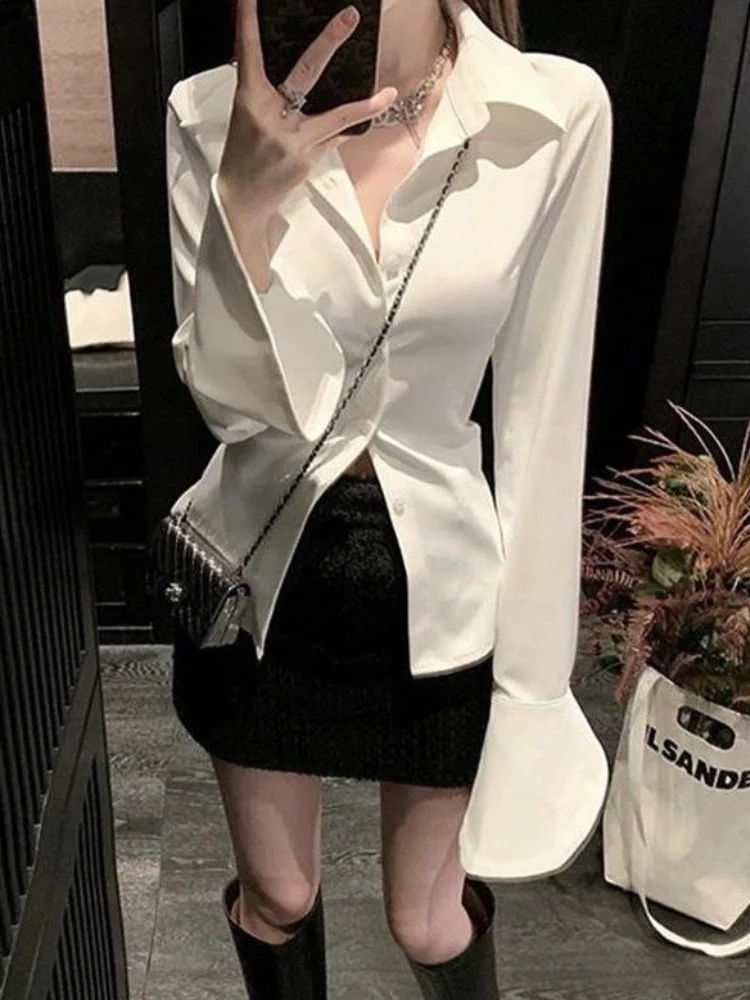 

Bandage Shirts Women Flare Sleeve Office Ladies Temperament Slim Simple Single Breasted Fashion Korean Style JK Blusas Solid Y2k