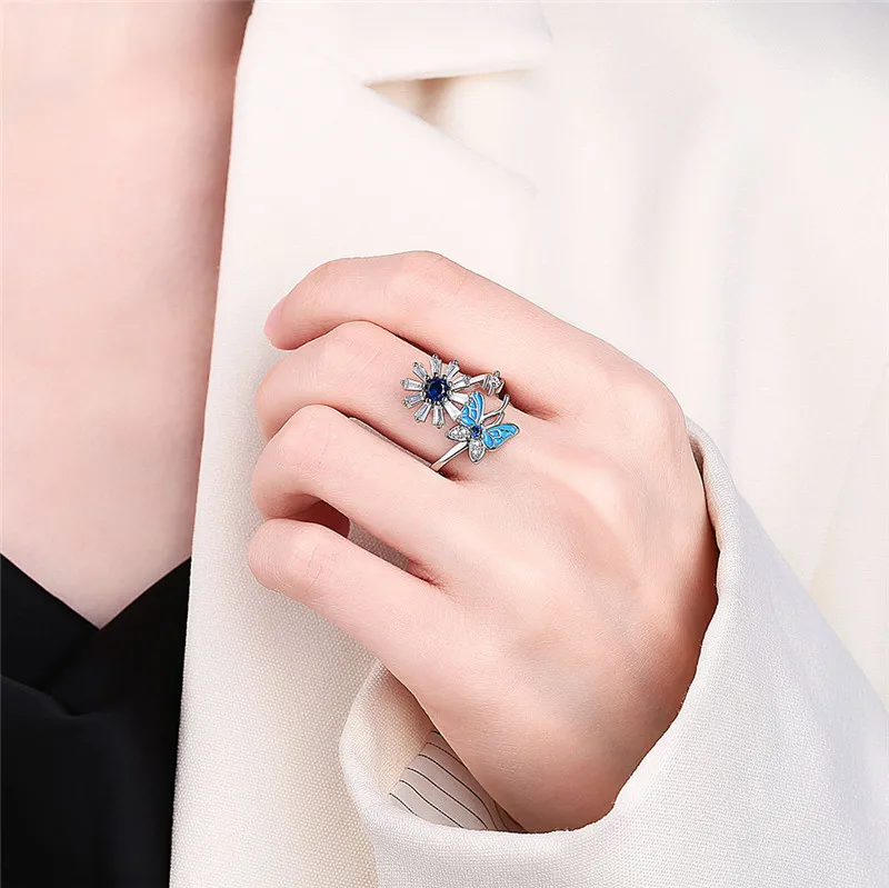 2026 Fashion Beads Anxiety Ring Fidget Spinner Rings Korea Crystal Butterfly Flower Star Moon Ring Anti Stress Jewelry Gift