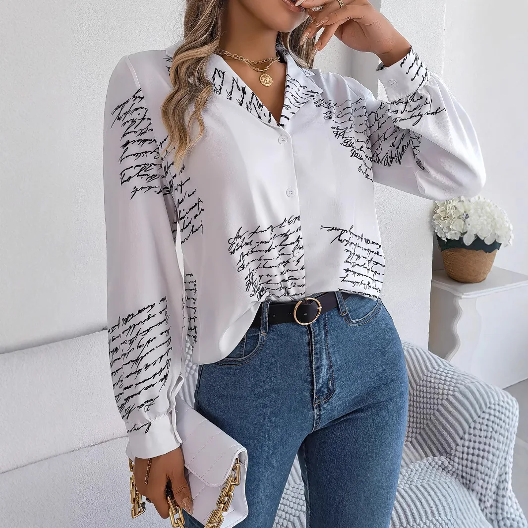 Casual Notch Collar Button Letter Print Long Sleeve Shirt For Spring & Fall, Women's Clothing