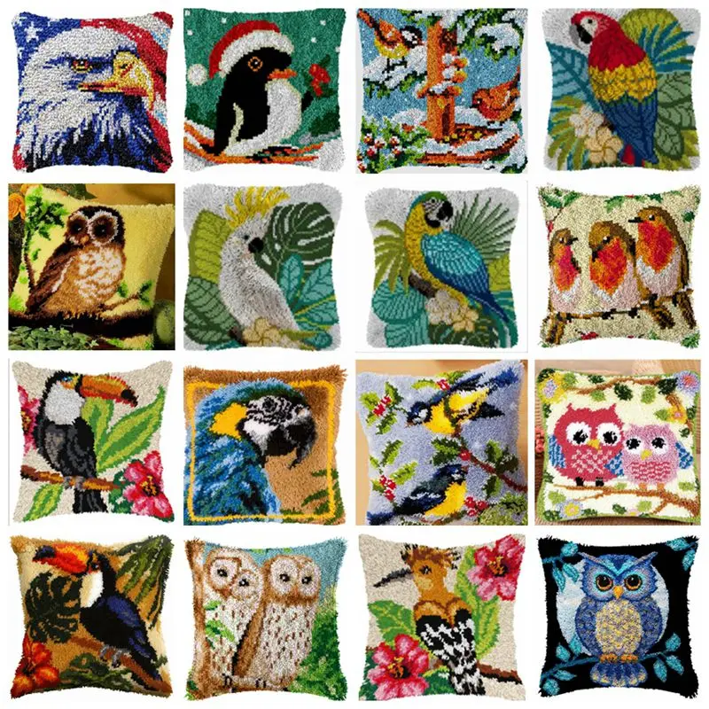 

DIY Hand Knitted Bird Owl Eagle Embroidered Cushion Cover Mat Unfinished Pillow Embroidery Material Latch Hook Garen Om Te Haken