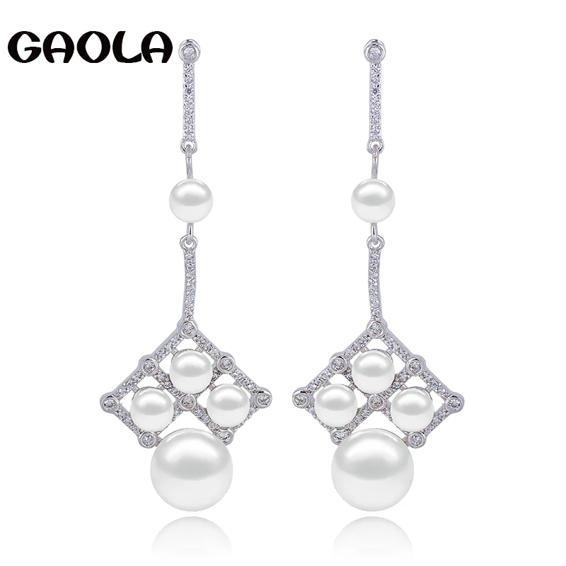 GAOLA High Quality Elegant Jewelry Rhombus Shape Cubic Zircon White Gold Color Imitation Pearl Earring for Woman GLE5231