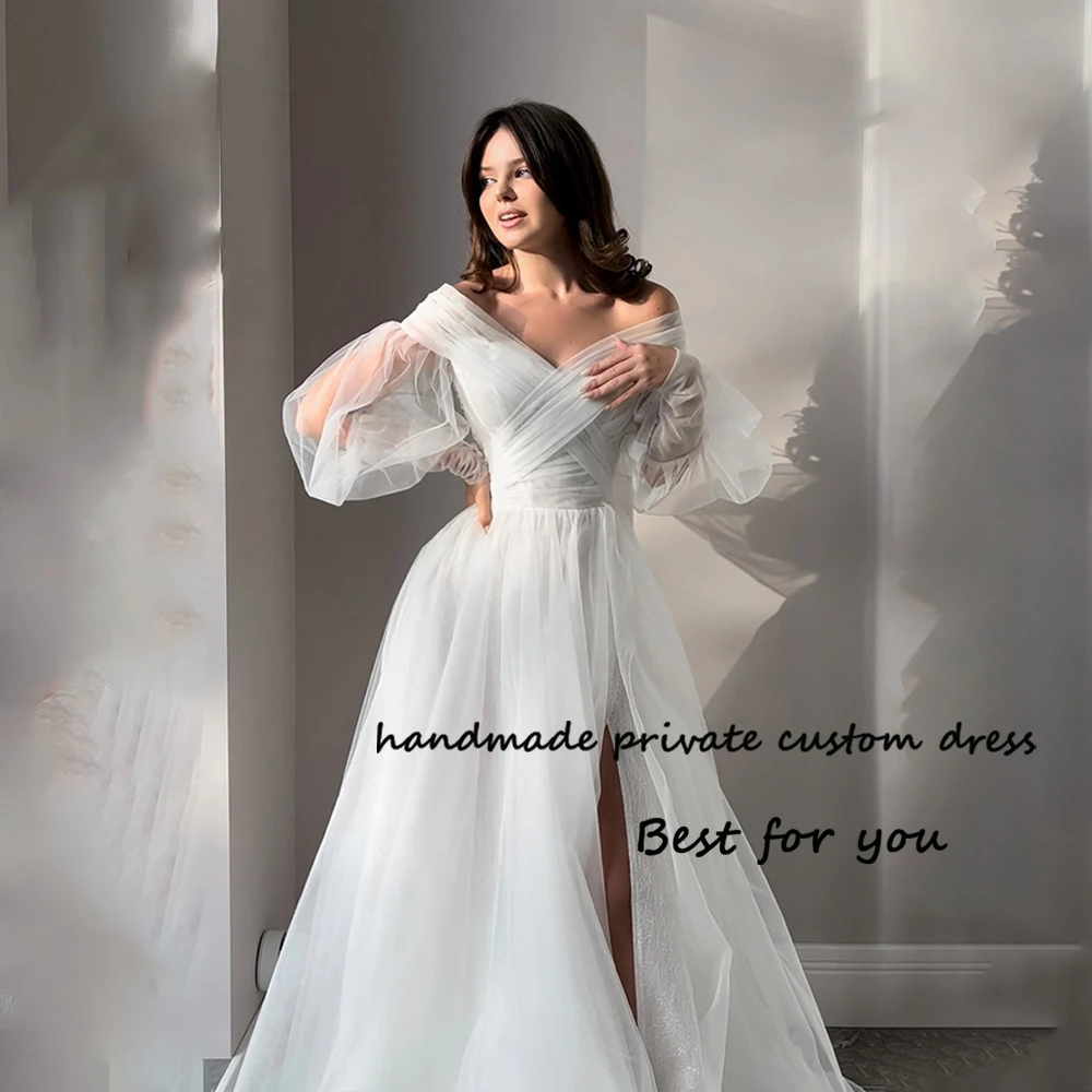 

White Tulle A Line Wedding Dresses Long Sleeve V Neck Bride Dress with Slit Train Simple Civil Bridal Gowns Lace Up Back