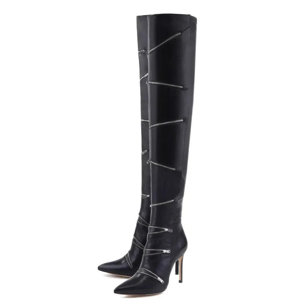 

Leather Metal Zipper Knee High Boots Black Stiletto Heel Women Botas Long Tube Ladies Shoes Pointed Toe Sapatos Feminino Size 46