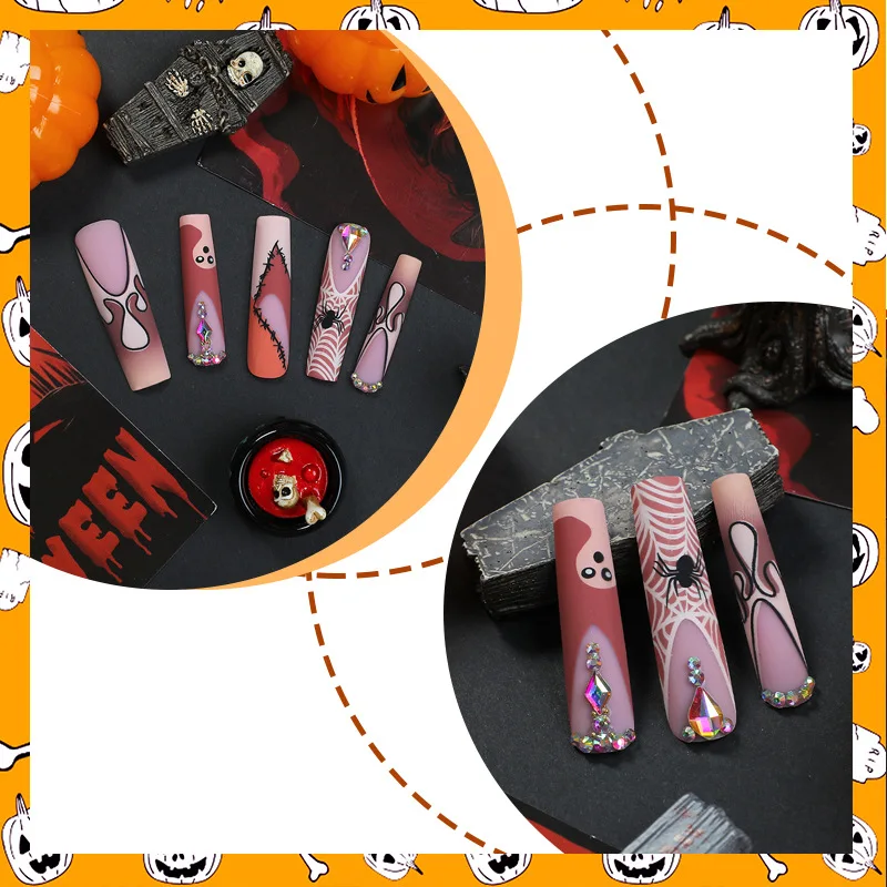 24 stuks lange doodskist nep nageltips Halloween spinnenwebprint druk op nagel draagbaar afneembaar Europese gotische punk kunstnagels