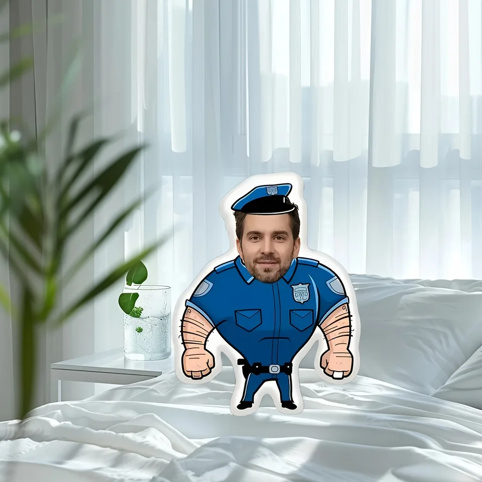 A Customized Humorous Hercules Police Officer Pillow, Featuring a Personalized Design That Combines the Face and Body, with Digi