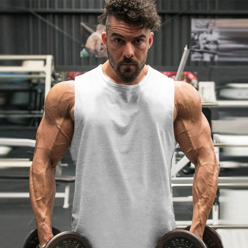 Plain Running Singlets Mens Summer Ice Silk Fitness Sleeveless T-shirts Quick-dry Mesh Gym Tank Tops Breathable Sports Clothing