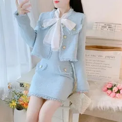 Temperament Celebrity V-neck Tweed Coat Hip Wrap Skirt Two-piece Set Women Tassel Single Breasted Fashion Solid Slim Spring Suit