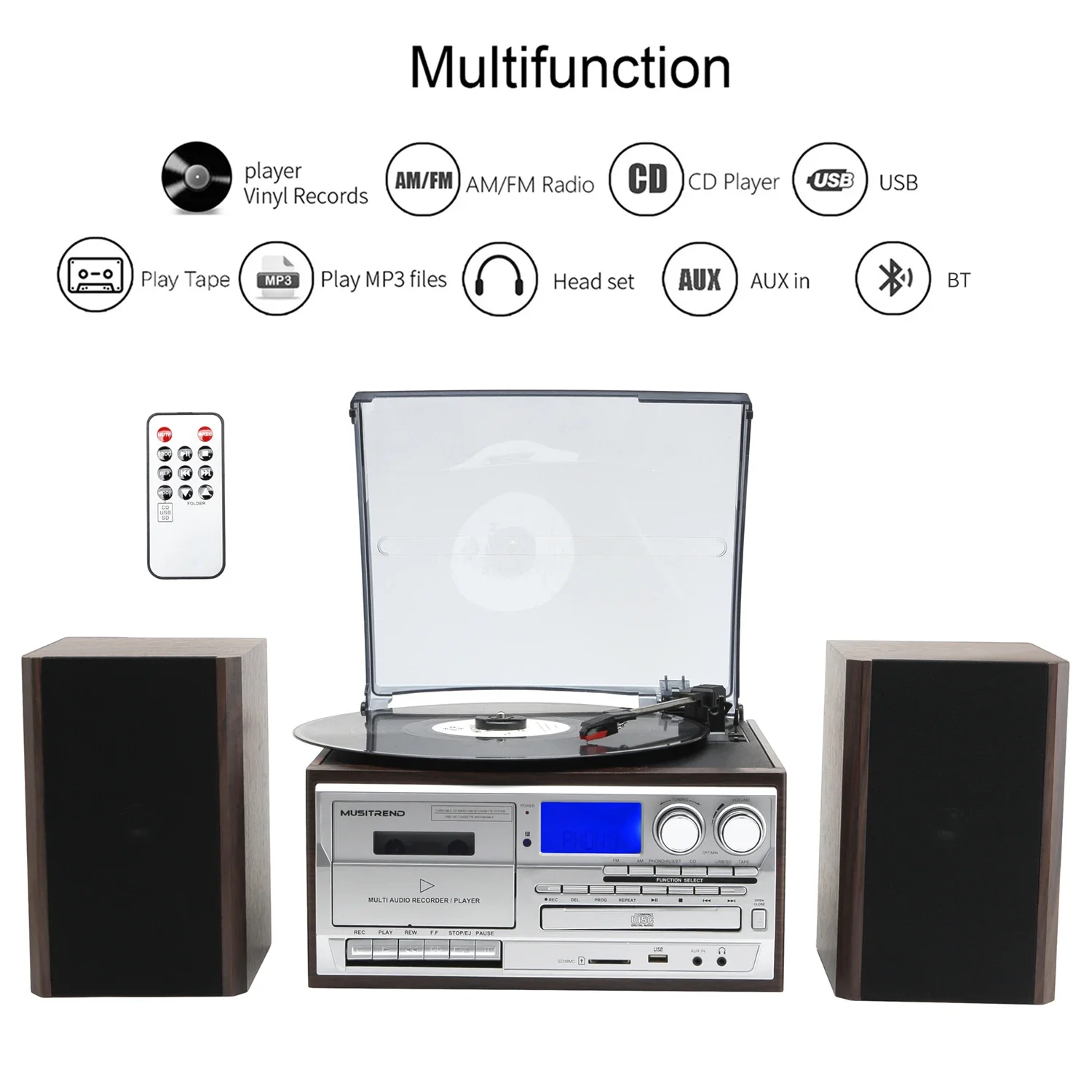 3 Speed Turntable Player AM FM Radio Bluetooth USB Cassette CD Gramophone Vinyl Records Player With External Speakers