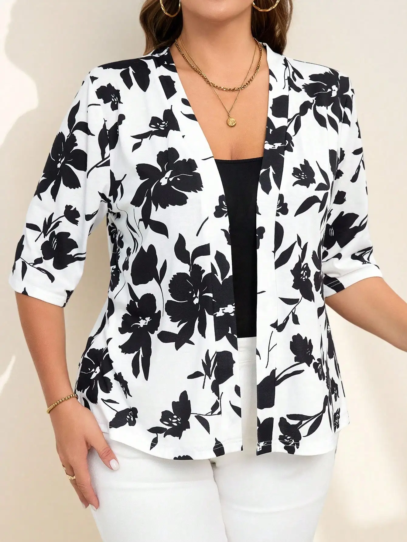 

Plus Size Black and White Floral Print Open Front Jacket for Women, Casual Fall Winter Wear