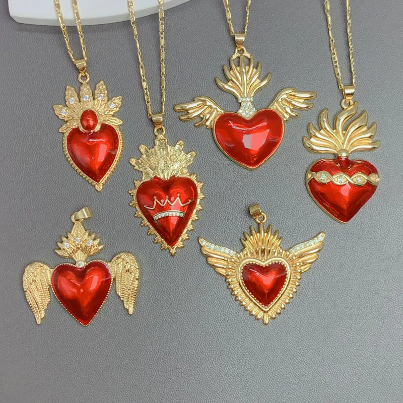 

Gothic Red Drip oil Heart Wing Pendant Necklace For Women Fashion Creative Enameled Flame Sacred Heart Jewelry Birthday Gift