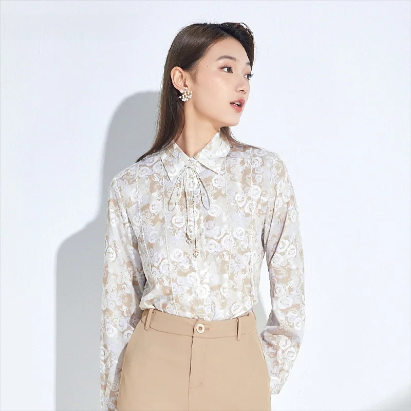 

Versatile Long Sve Stand Collar Commute irt for Women Spring Autumn New Arrival Dailanzi Collar Button Detail Printed