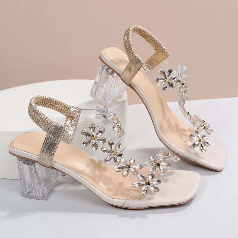 Sandals Women Summer New Fashion Women\'s Sandals 2022 Flowers Rhinestone Sandals Transparent Root Open Toe Sandals Woman Shoes