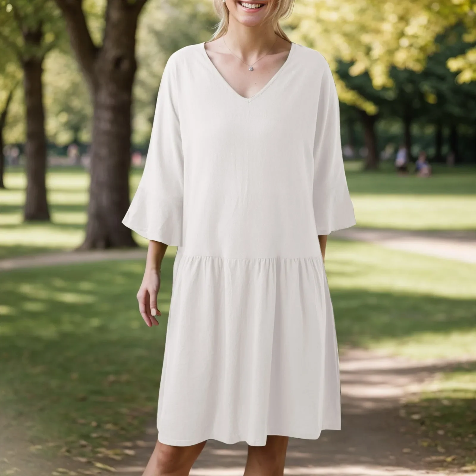 

2024 Spring Cotton Linen Women's Midi Dress Oversize V-neck Loose White Dresses Female Trendy Summer Casual Clothes Ladies