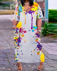 Tinta Splash Imprimir Vestido Casual, Design De Bolso, Plus Size