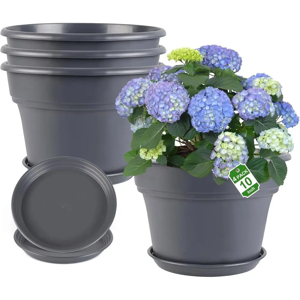 10-inch Plastic Plant Pots, 4 Pack with Drainage Holes & Saucers, Suitable for Indoor & Outdoor Use