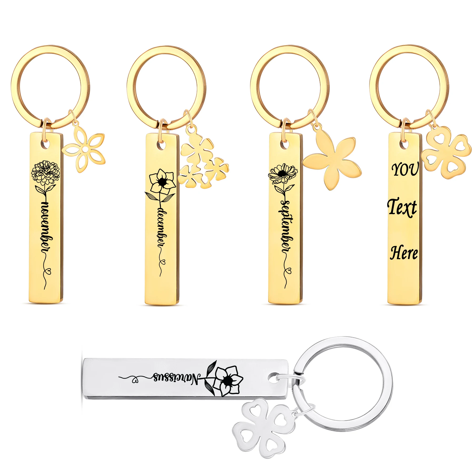 

Personalized Birth Flower Keychain with Custom Engraved Text - Unique Stainless Steel Keyring for Birthday, Graduation Gift