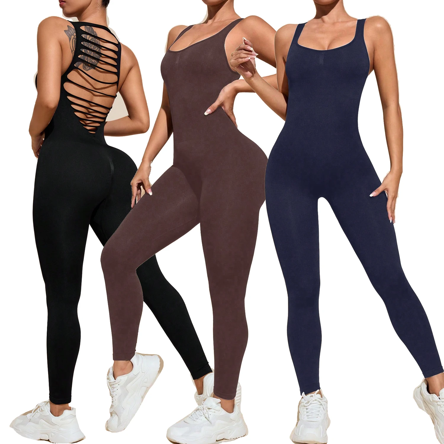 Women Sleeveless Yoga Jumpsuit Hollow Cut Out Multi Strap Back One Piece Bodysuit High Stretch Tight Gym Workout Sport Romper