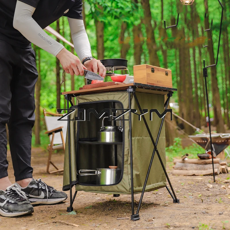 Outdoor Camping Table BBQ Cook Table Double Layer Large Space Portable Folding Storage Shelf Locker Hiking Picnic Shelving