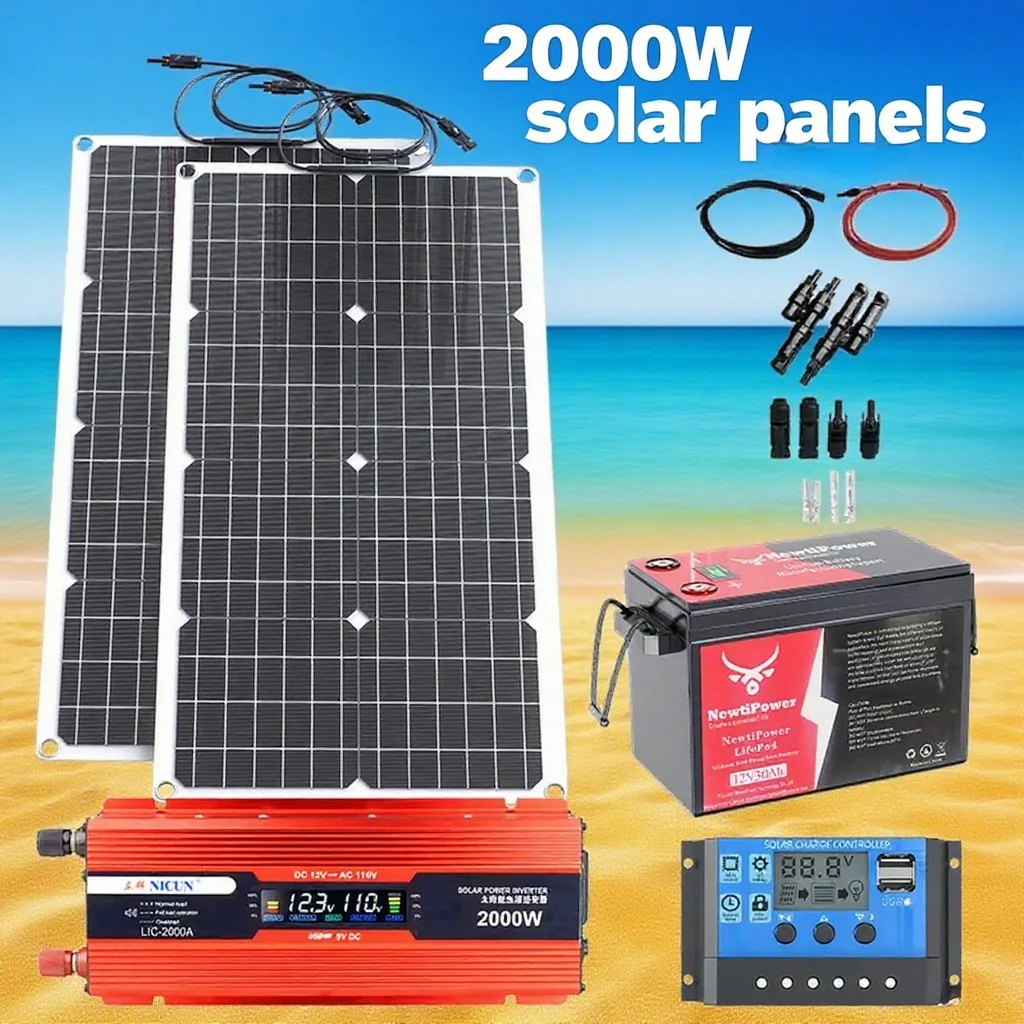 2000W Flexible Solar Panel 12V To 220V/110V Inverter 12V Battery Suitable For Home, RV, Camping Power Supply