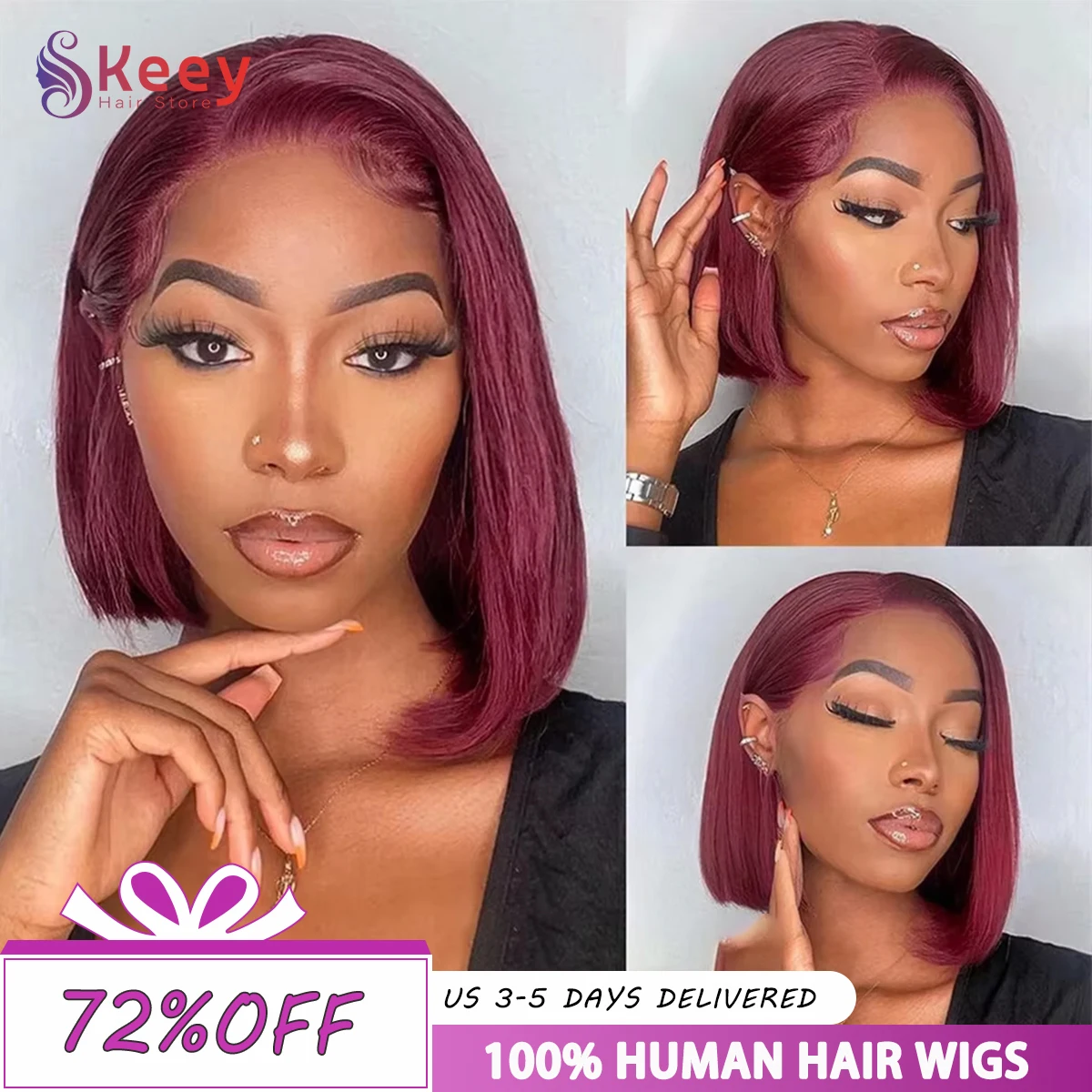 วิกผมบ๊อบผมแท้ 99j ความหนาแน่น 220% ขนาด 14 นิ้ว ผ้าลูกไม้ HD 13x4 ผ้าลูกไม้ด้านหน้า แสกกลางได้ สีแดงเบอร์กันดี วิกผมสั้นสำหรับผู้หญิง