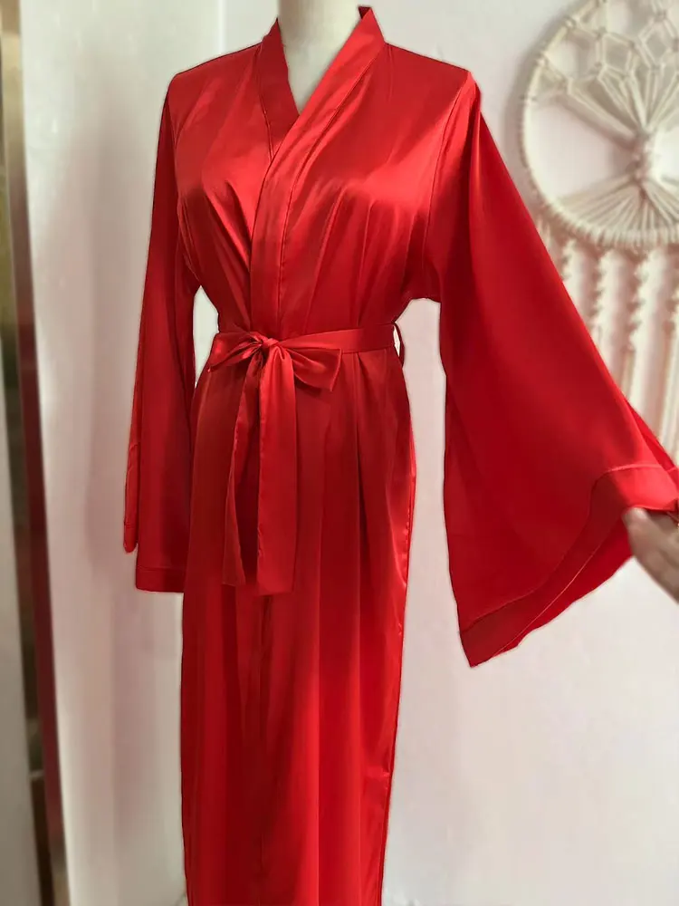 

Cardinal Red Floor-Length Maxi Dressing Gown Bride Long Silk Robe Bridesmaid Kimonos Wedding Party Robes Bachelorette Party Gift