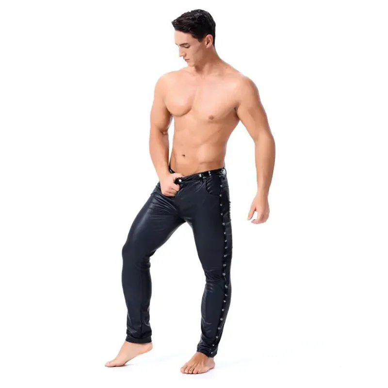 

Men Black Skinny Pants Stretch Leggings Sexy Latex Long Trousers Dance Costume PVC Faux Patent Leather Pants Club Wear Stage
