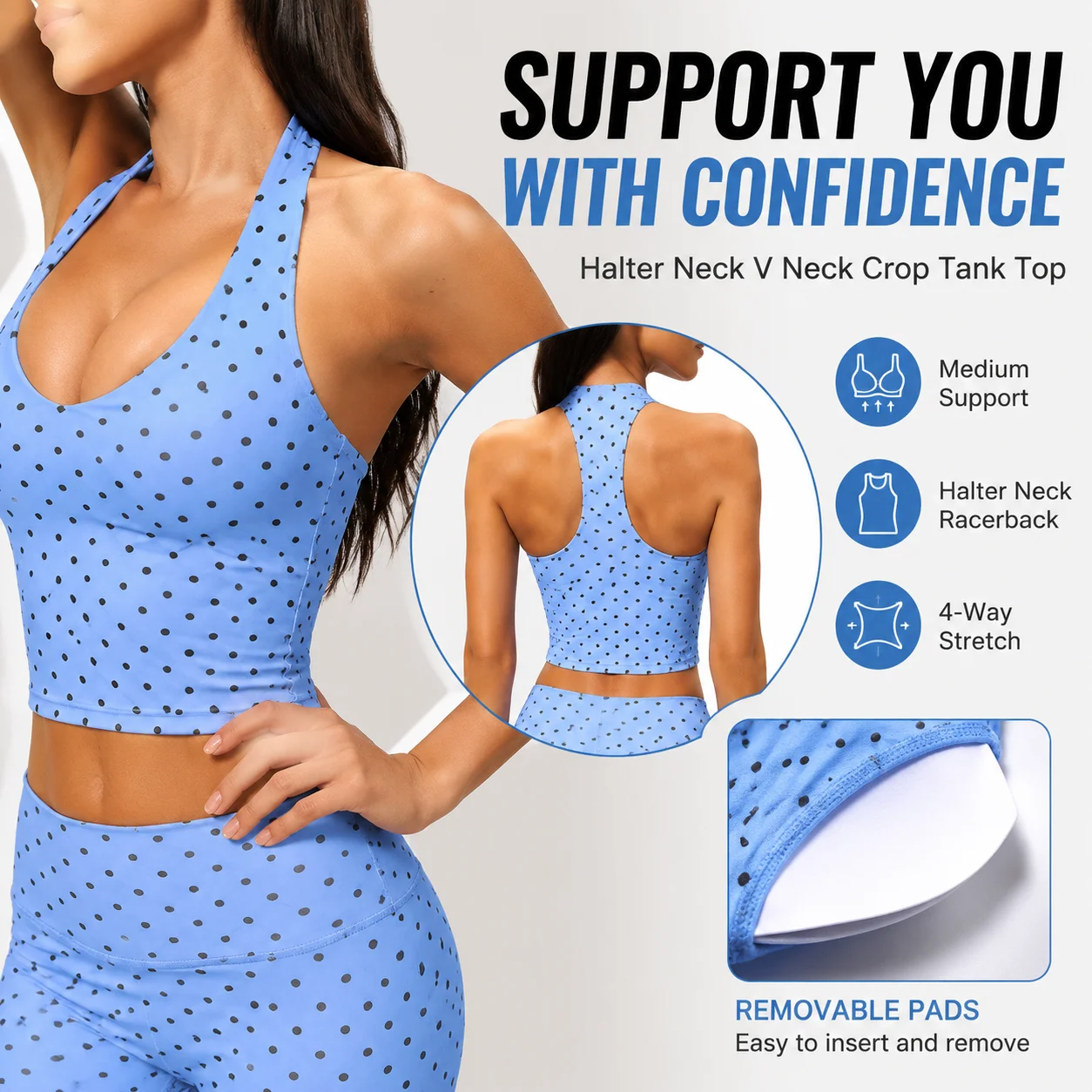 Yoga Tank Top Women Halter Neck V Neck Crop Top Ruched Waistband Capri Shorts Set Nylon Sportswear Polka Dot Stripe Matching Set