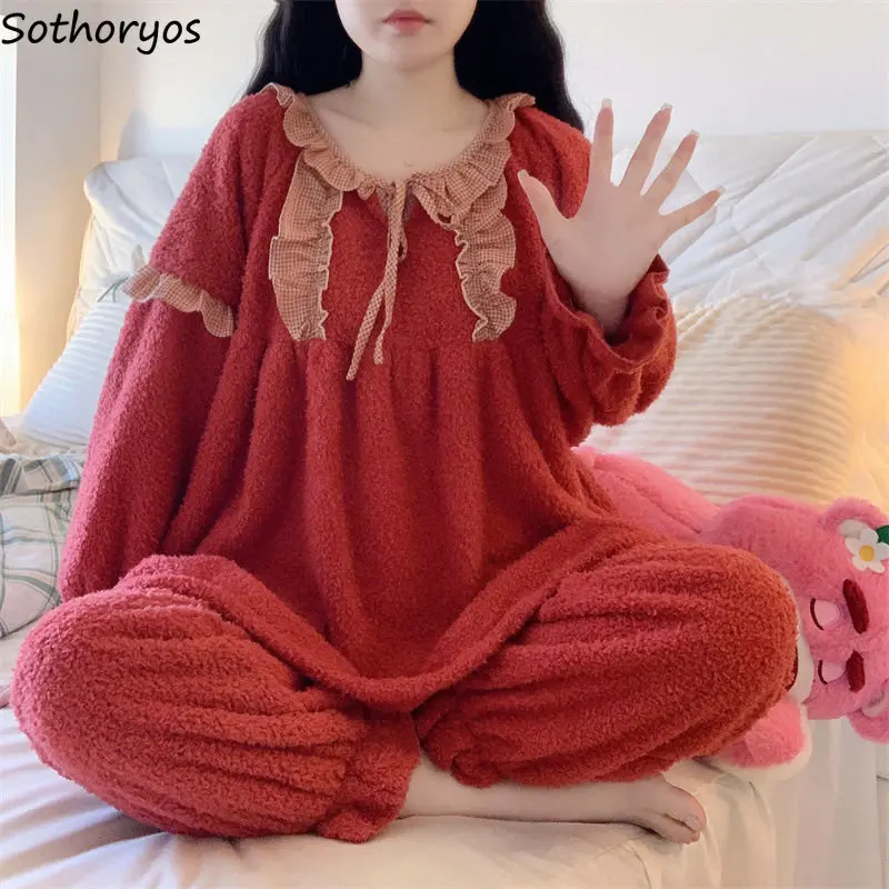 

Pajama Sets Women Warm Cozy Sleepwear Student Winter Chic Retro Style Elegant Loose Nightwear Basic Thickening Casual Aesthetic