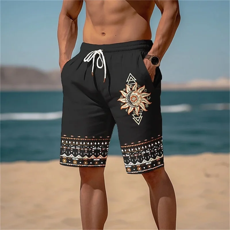 New Men\'s Athletic Shorts Beach Shorts Drawstring Elastic Waist 3D Ethnic Printed Pattern Geometric Totem Breathable Soft Shorts