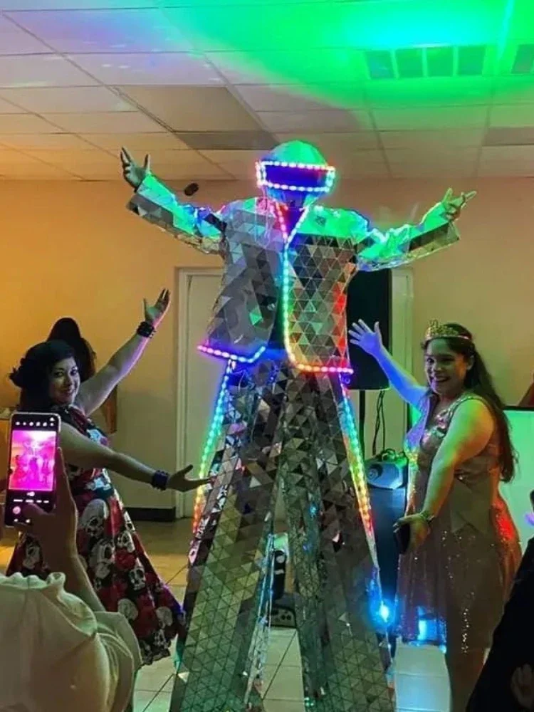 Светодиодные ходули, зеркальные костюмы, сшитые вручную мужские шоу-костюмы, сценическое платье, снежный новогодний костюм