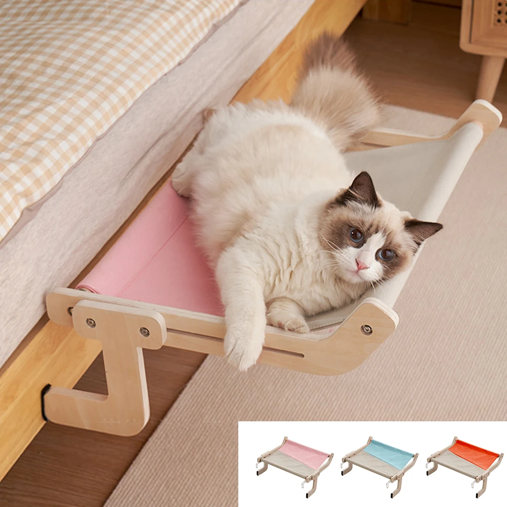 2023 Cat Wood Hanging Bed Window Side Hammock High Quality Wood Assembly Hanging Bed Cotton Canvas Easy Washable Kitten Nest