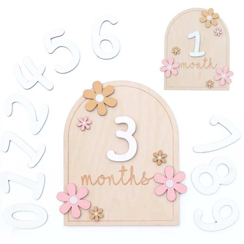 Wooden Baby Monthly Milestone Cards Photo Props for Girls Boys 3D Flowers Double-sided Decal Baby Growth Photography Props