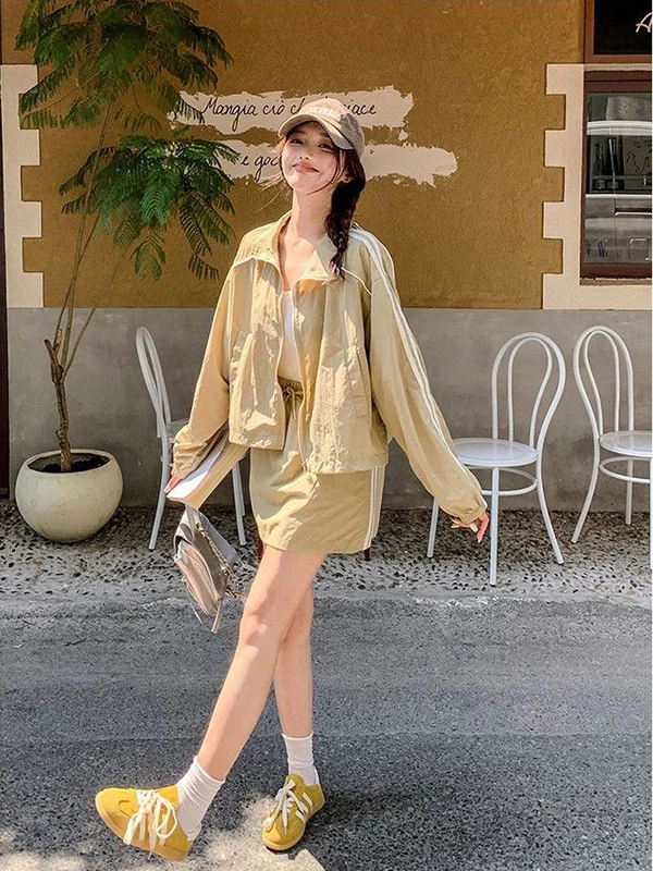 

plus Size A-Line Skirt Striped Loose Women's Summer Fashion Set Korean Style High Waist Long Sleeve Zipper Closure Coat